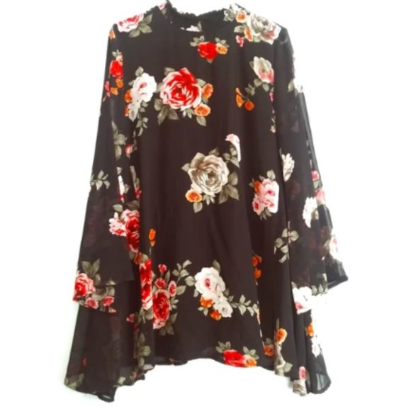 Black Roses Print Long Sleeves Wide Dress Size M Fit Loose - Picture 1 of 1